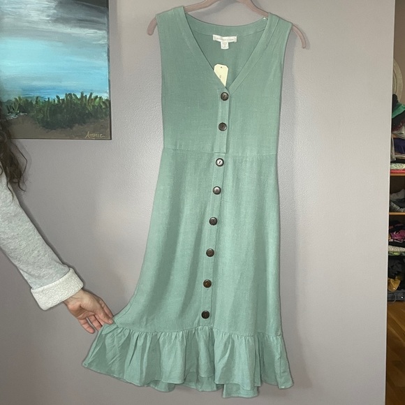Monteau Sage Green Linen Blend Midi Dress - Picture 2 of 7